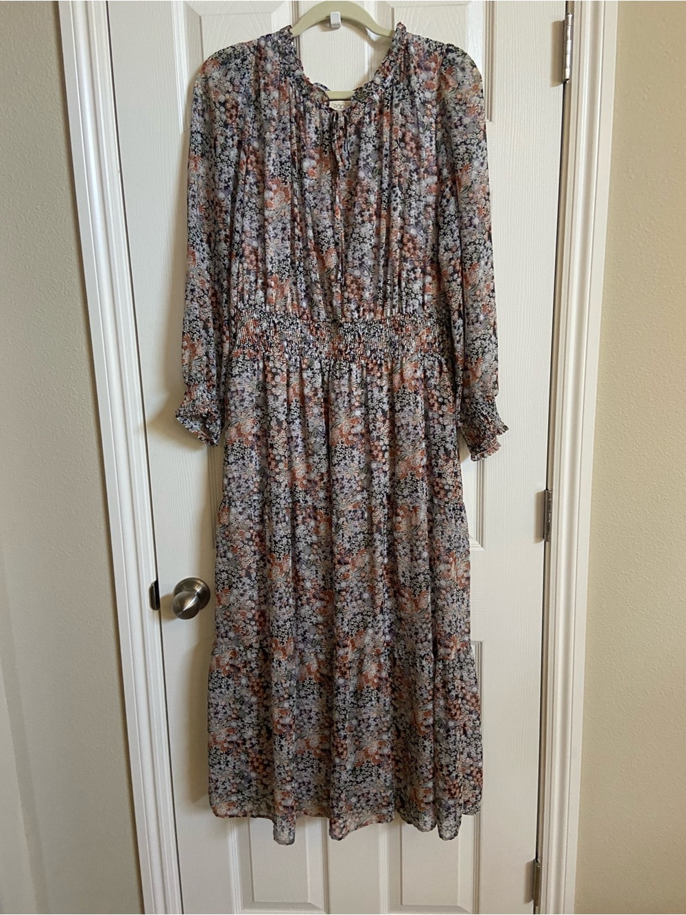 Roolee Floral Long-Sleeve Midi Dress in Rust and Black